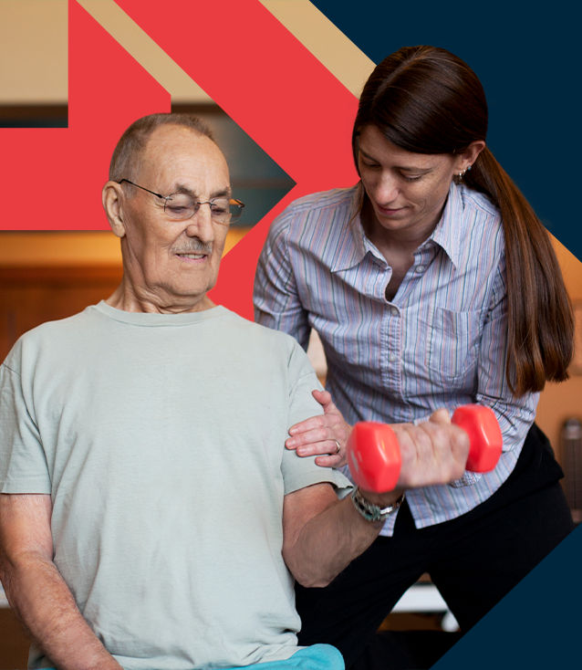 ACE Cancer Exercise Specialist coaching a senior client through a dumbell exercise in a clinical setting